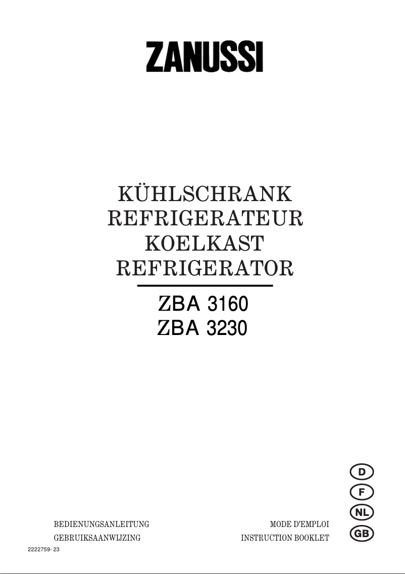 Page 1 de la notice Manuel utilisateur Zanussi ZBA3160