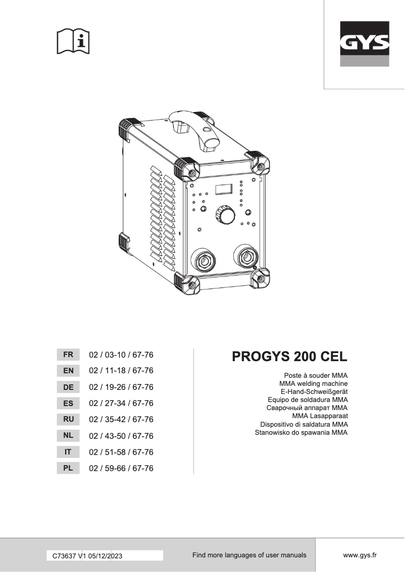 Page 1 de la notice Manuel utilisateur GYS PROGYS 200 CEL
