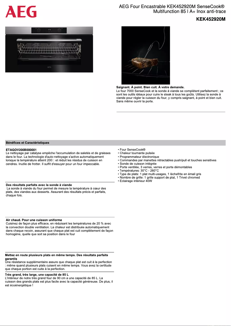 Page 1 de la notice Fiche technique AEG KEK452920M