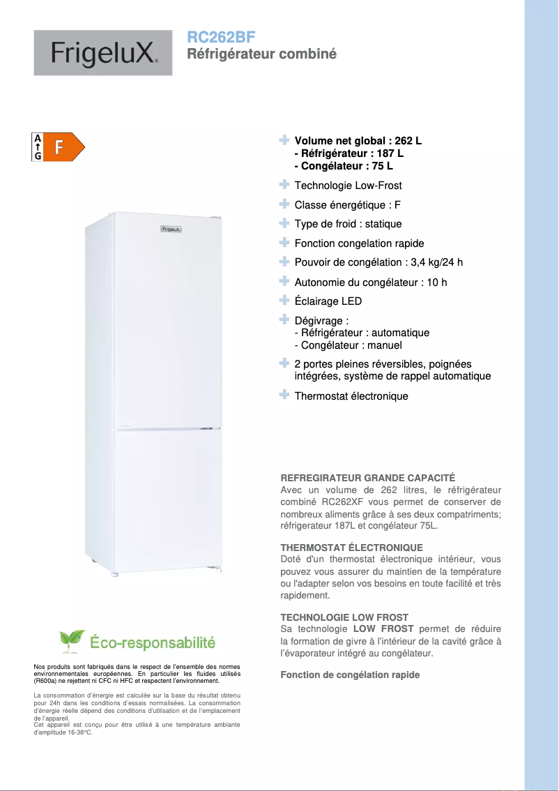 Page 1 de la notice Fiche technique FrigeluX RC262BF