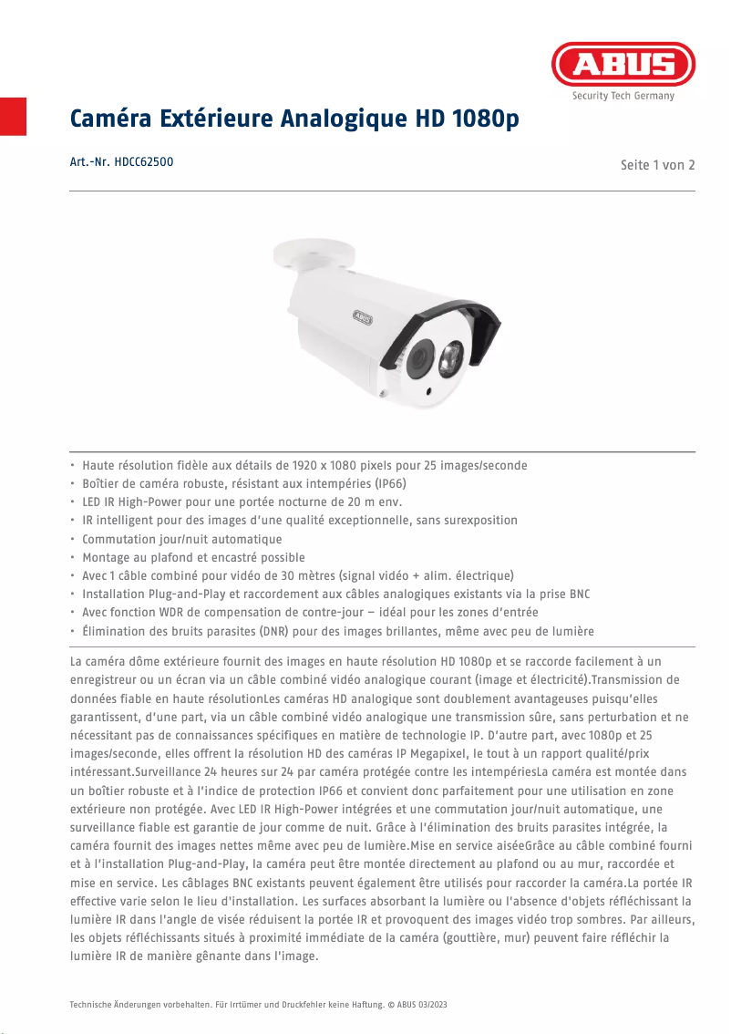 Página 1 del manual Ficha técnica Abus HDCC62500