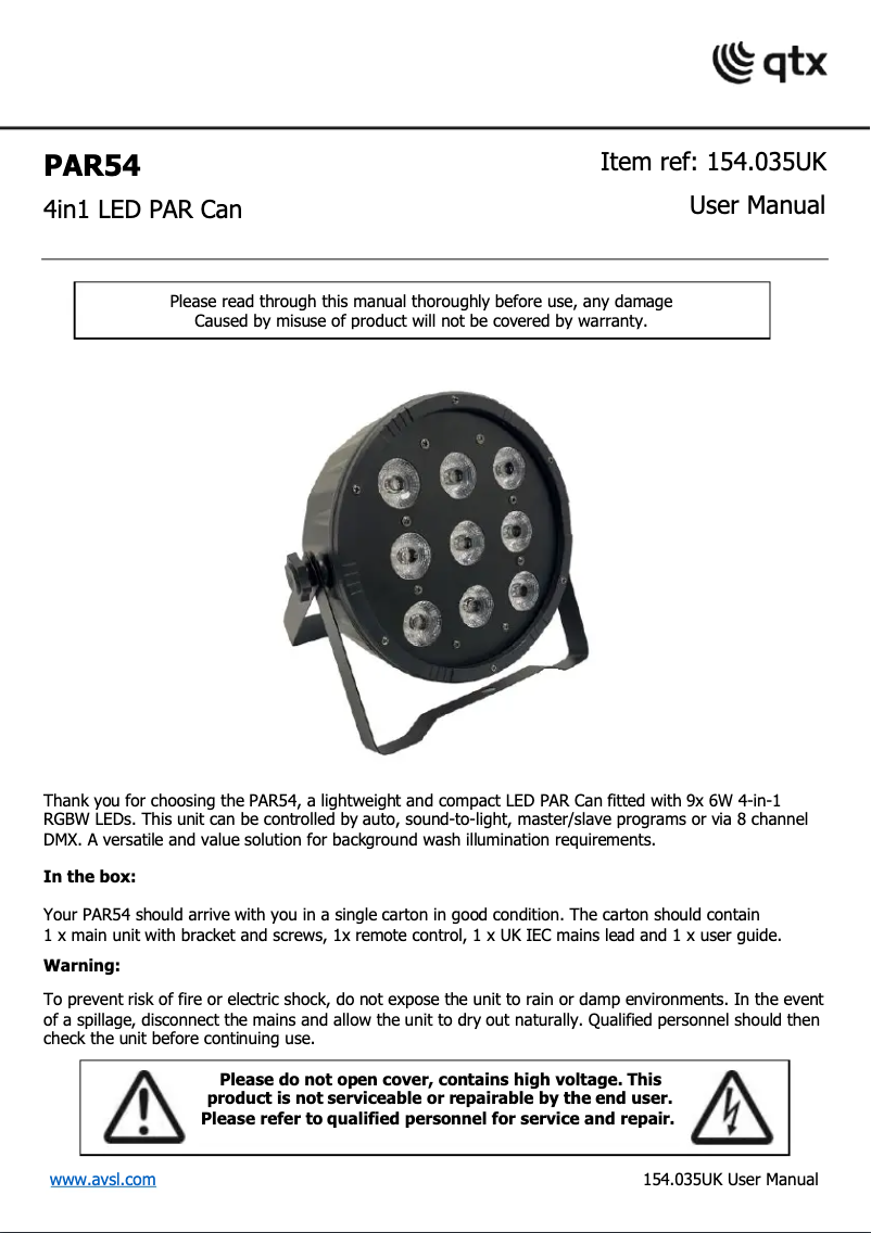 Page 1 de la notice Manuel utilisateur Qtx PAR-54