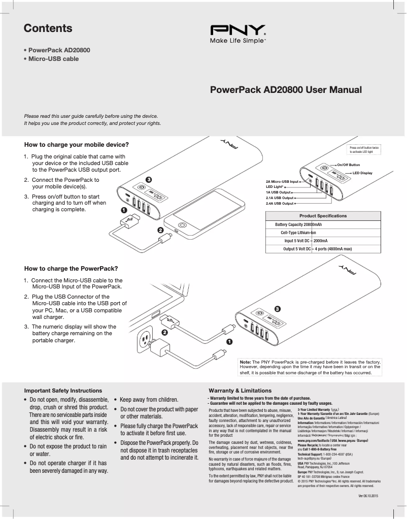 Page n°1 - Manuel utilisateur PNY PowerPack AD20800