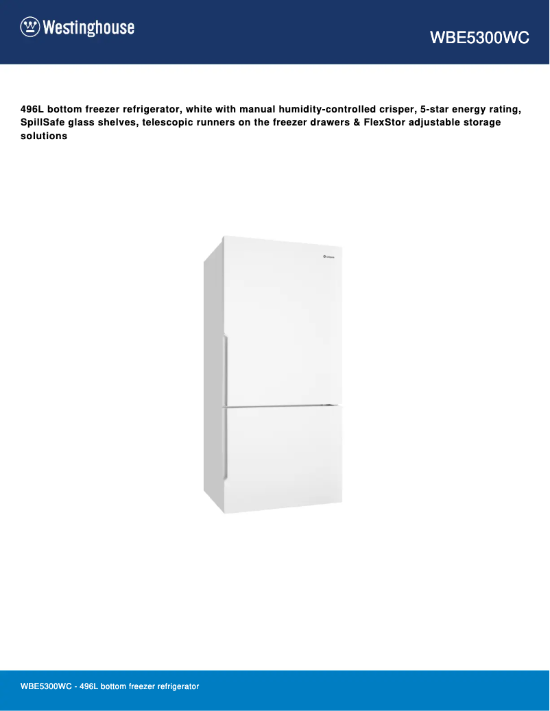 Page 1 de la notice Fiche technique Westinghouse WBE5300WC