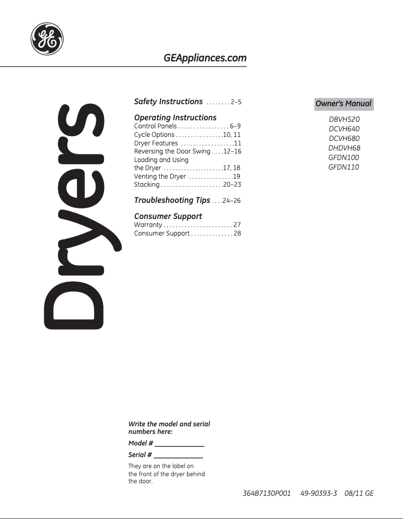 Page n°1 - Manuel utilisateur GE Adora DHDVH68GJWW