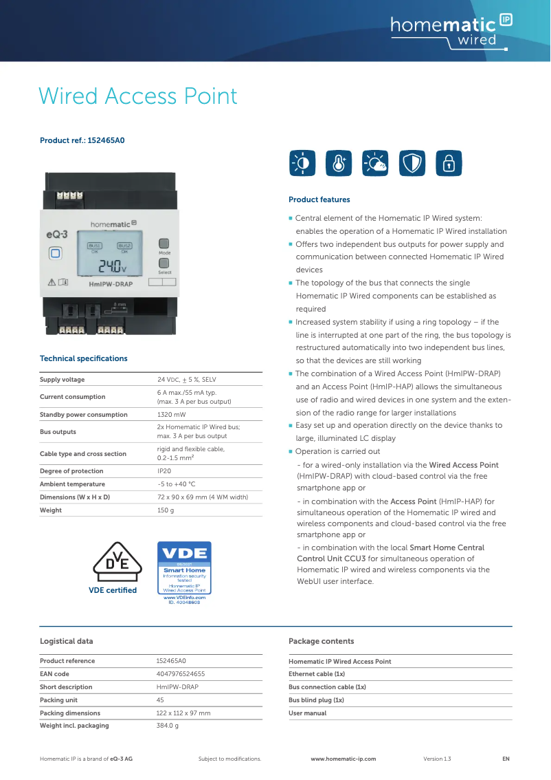 Página 1 del manual Ficha técnica Homematic IP HMIPW-DRAP