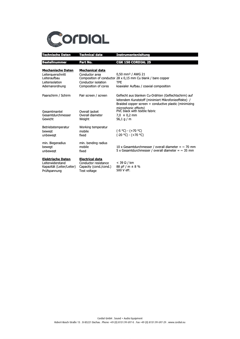 Page 1 de la notice Manuel utilisateur Cordial CGK 150 Cordial 25