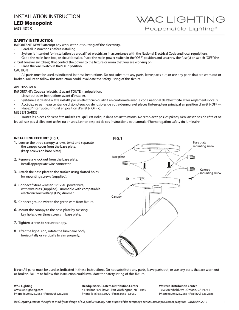Page 1 de la notice Manuel utilisateur WAC Lighting MO-4023