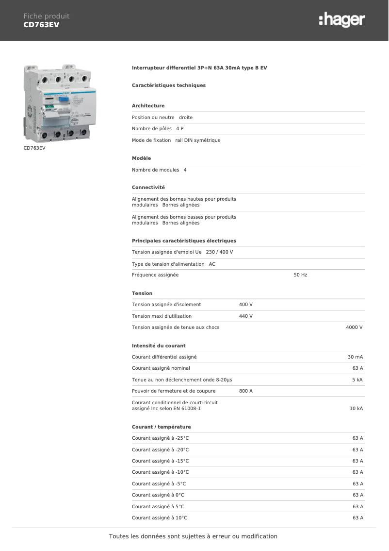 Page n°1 - Fiche technique Hager CD763EV
