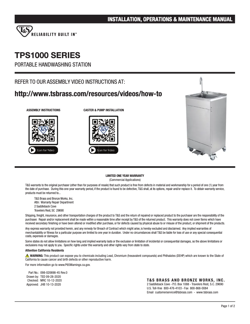 Page n°1 - Manuel utilisateur T&S TPS1010-B0520V5