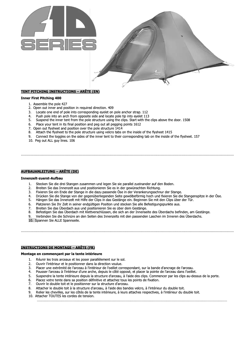 Image de la première page du manuel de l'appareil F10 Arete 2
