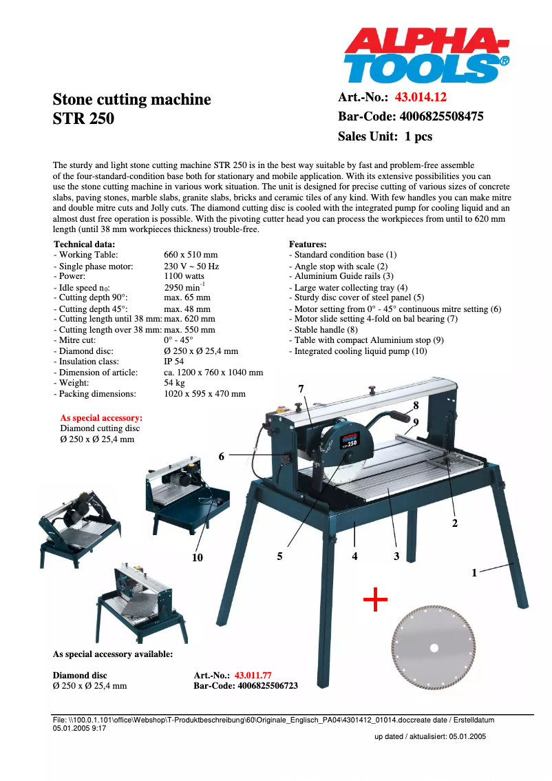 Page 1 de la notice Fiche technique Alpha Tools STR 250