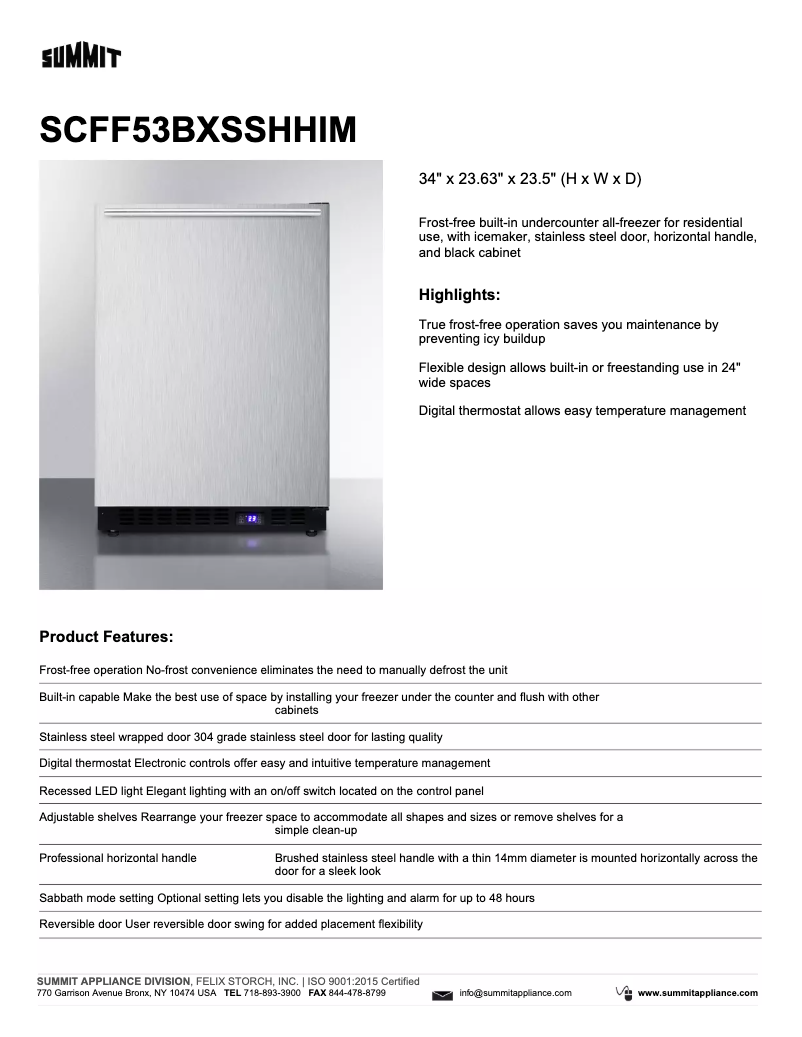 Page 1 de la notice Fiche technique Summit SCFF53BXSSHHIM