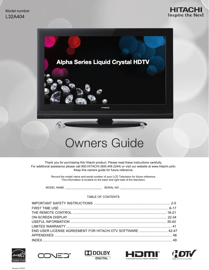 Page 1 de la notice Manuel utilisateur Hitachi L42A404