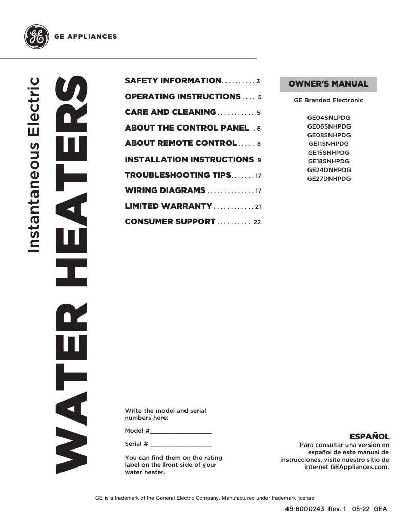 Page n°1 - Manuel d'utilisation et d'entretien GE GE24DNHPDG