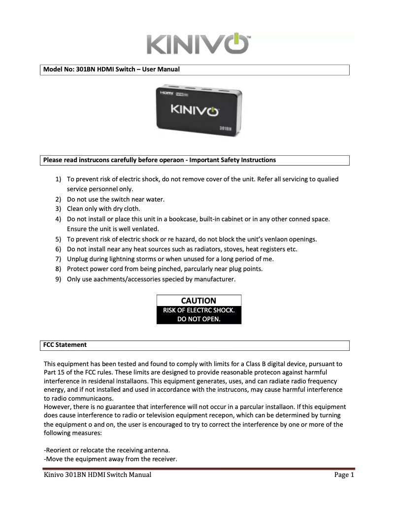 Page 1 de la notice Manuel utilisateur Kinivo 301BN