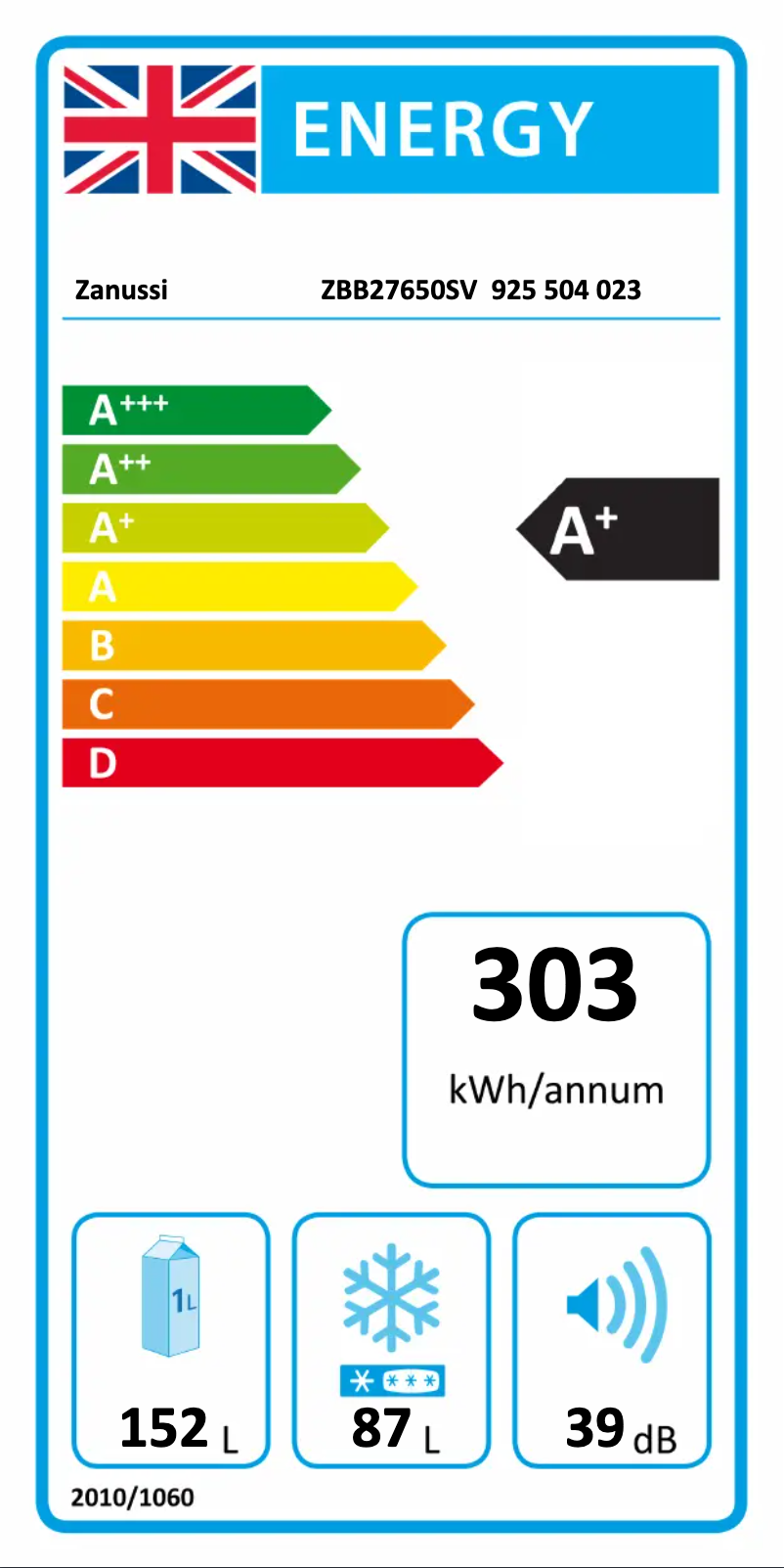 Page n°1 - Label énergétique Zanussi ZBB27650SV