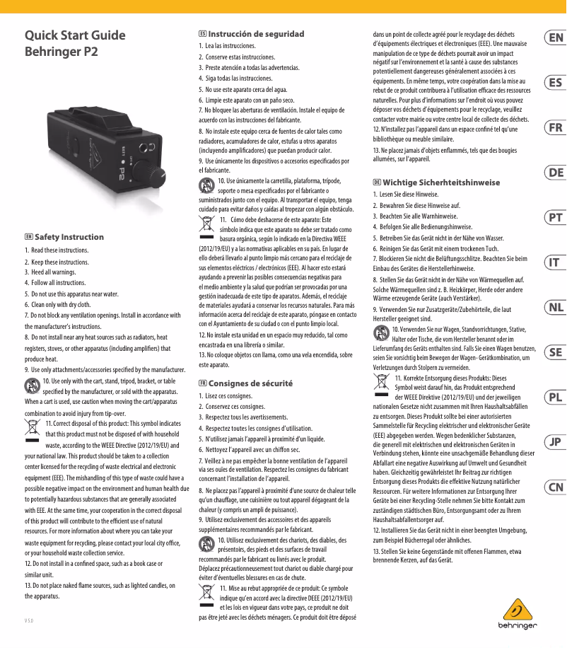 Page 1 de la notice Guide de démarrage rapide Behringer P2