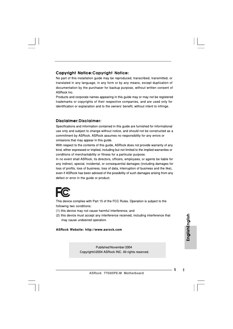 Page n°1 - Manuel utilisateur Asrock 775i65PE-M