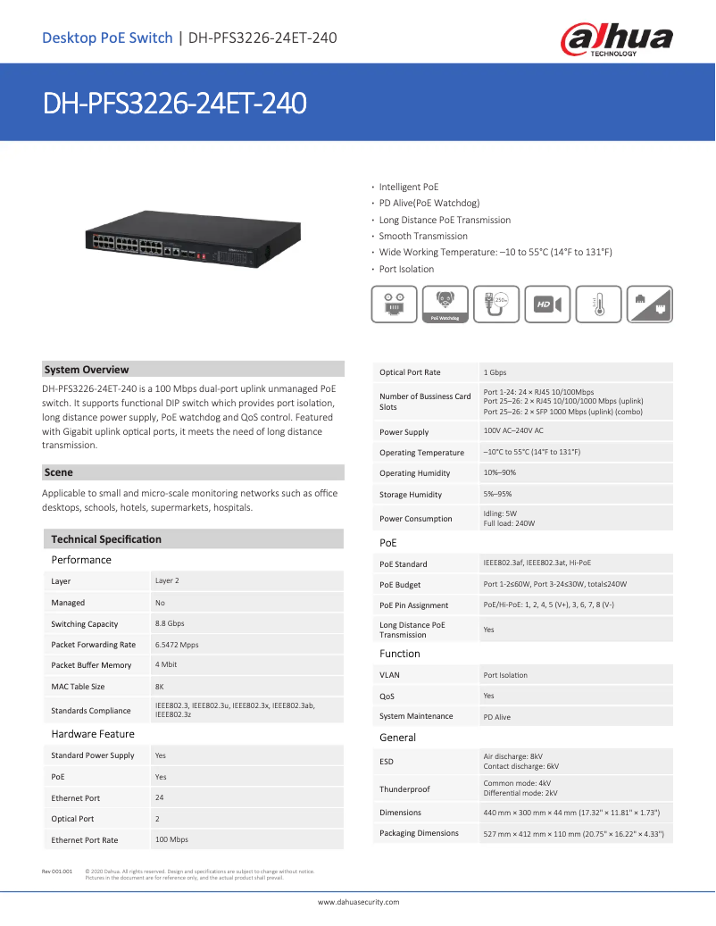 Page 1 de la notice Fiche technique Dahua Technology PFS3226-24ET-240