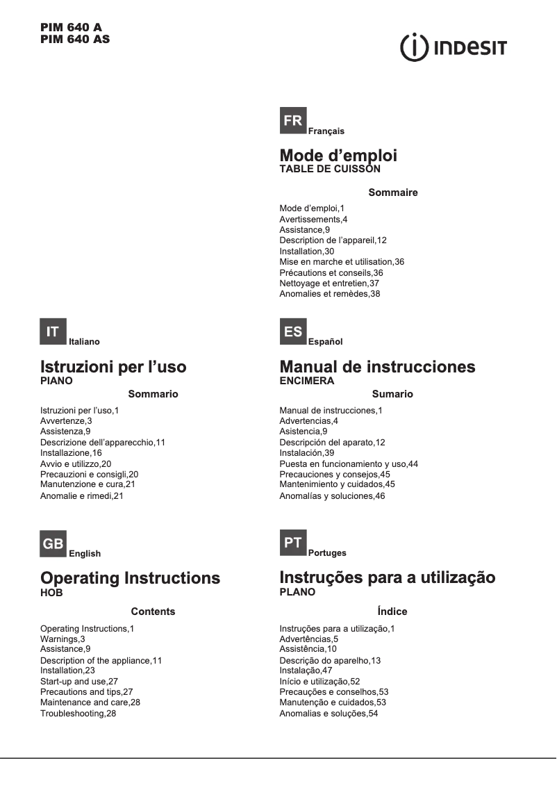 Page n°1 - Manuel utilisateur Indesit PIM 640 A (BK)