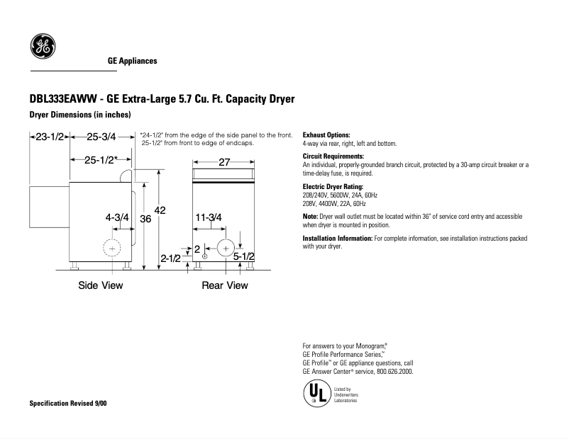Page n°1 - Fiche technique GE DBL333EACC
