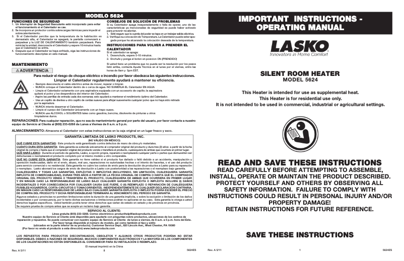 Page 1 de la notice Manuel utilisateur Lasko 5624