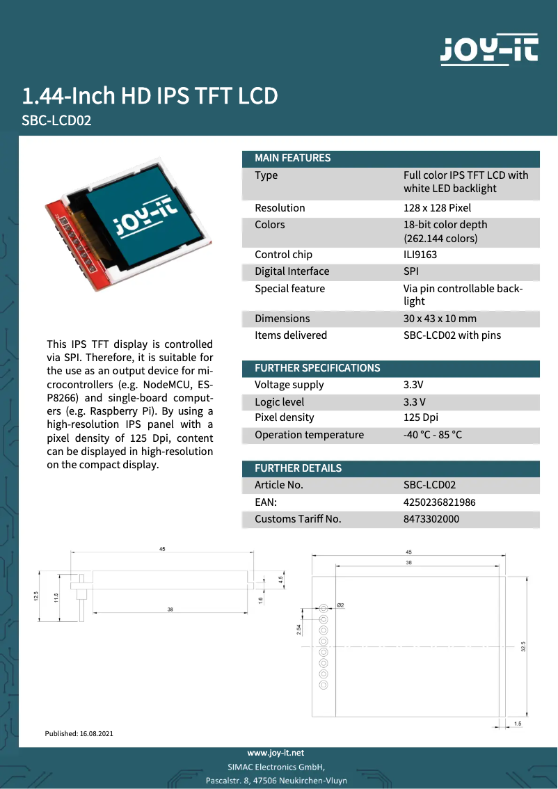 Page n°1 - Fiche technique Joy-It SBC-LCD02