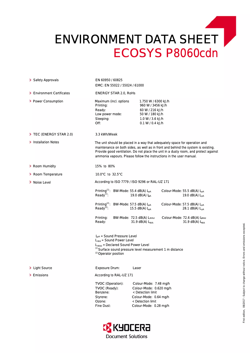 Page 1 de la notice Fiche technique Kyocera ECOSYS P8060cdn
