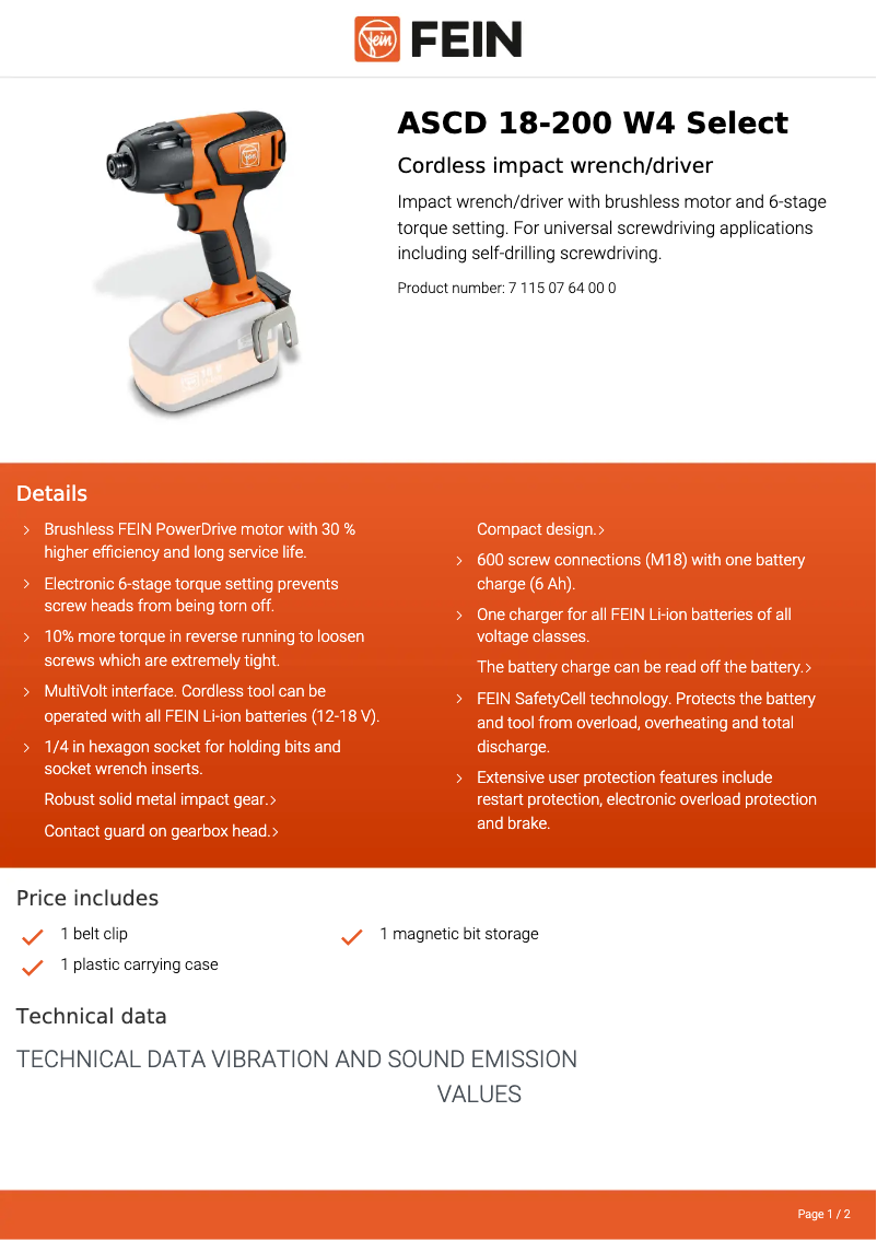Page 1 de la notice Fiche technique Fein ASCD 18-200 W4 Select