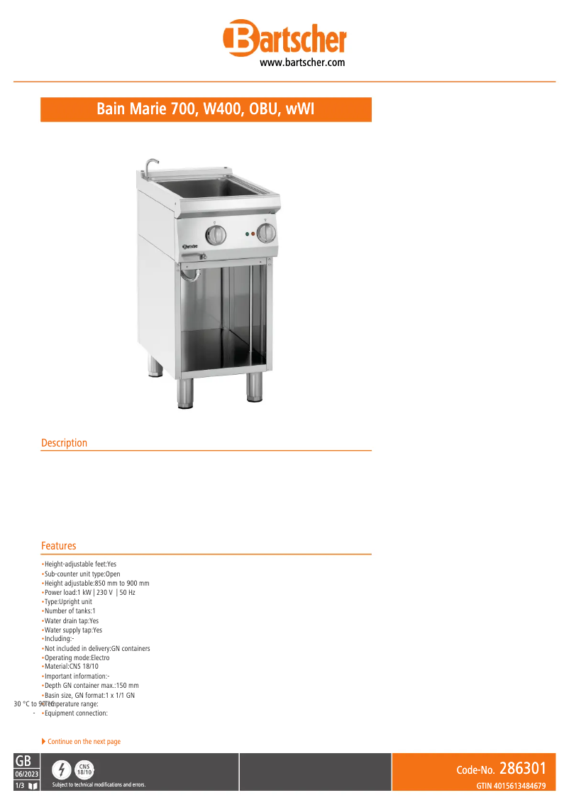 Page n°1 - Fiche technique Bartscher 286301