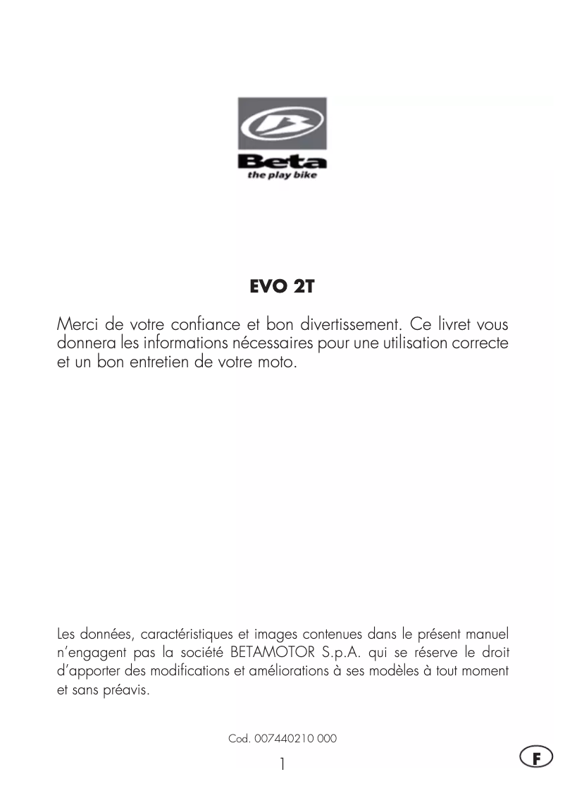 Page 1 de la notice Manuel utilisateur Beta EVO 2T 250 Factory (2015)