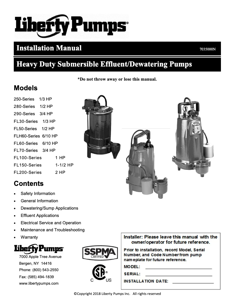 Page n°1 - Guide d'installation Liberty Pumps 283