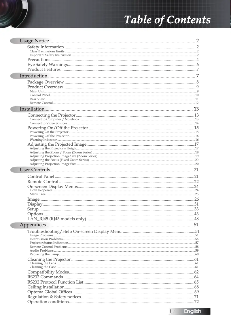 Page 1 de la notice Manuel utilisateur Optoma DS317