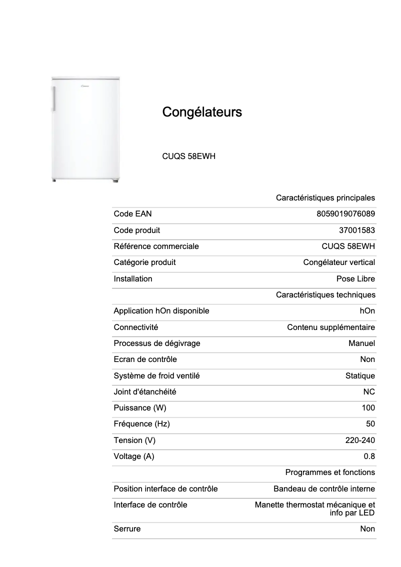 Image de la première page du manuel de l'appareil CUQS 58EWH