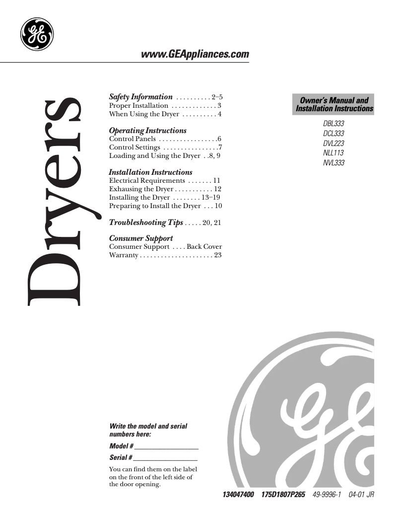 Page n°1 - Guide d'installation GE DVL223GAAA