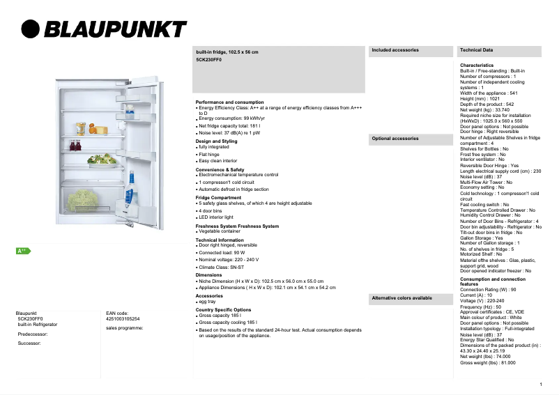 Page 1 de la notice Fiche technique Blaupunkt 5CK230FF0