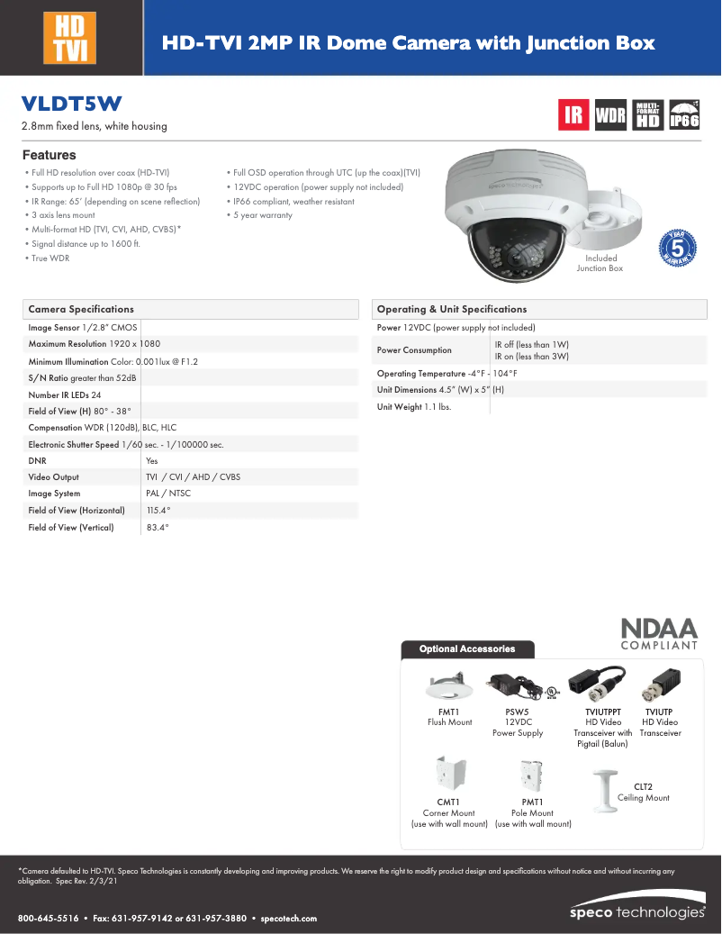 Page 1 de la notice Fiche technique Speco Technologies VLDT5W