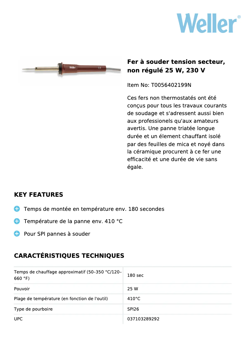 Page 1 de la notice Fiche technique Weller SPI 27