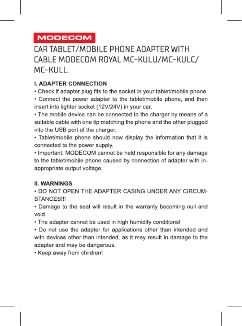 Page 1 de la notice Manuel utilisateur ModeCom ROYAL MC-KULC-02