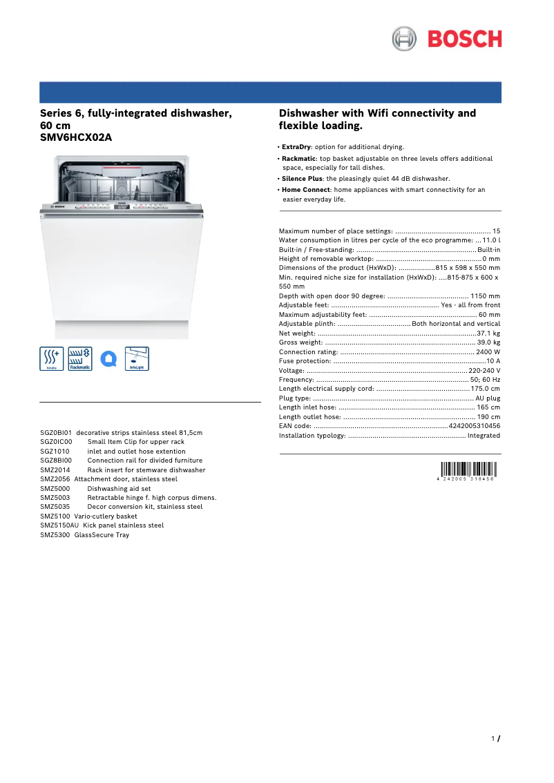 Page n°1 - Fiche technique Bosch SMV6HCX02A