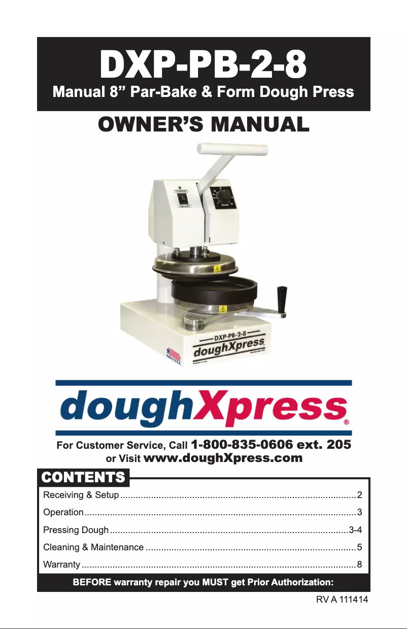 Page 1 of the manual User Manual DoughXpress DXP-PB-2-8-220