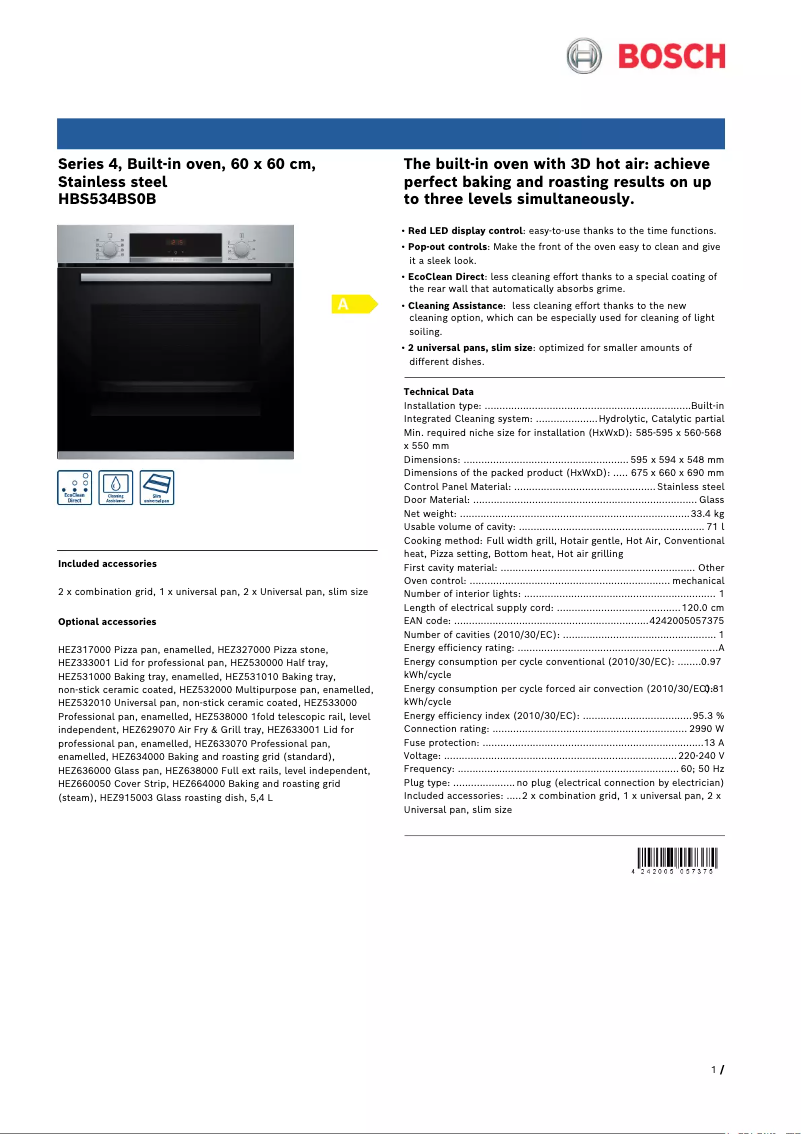 Page 1 de la notice Fiche technique Bosch Serie 4 HBS534BS0B