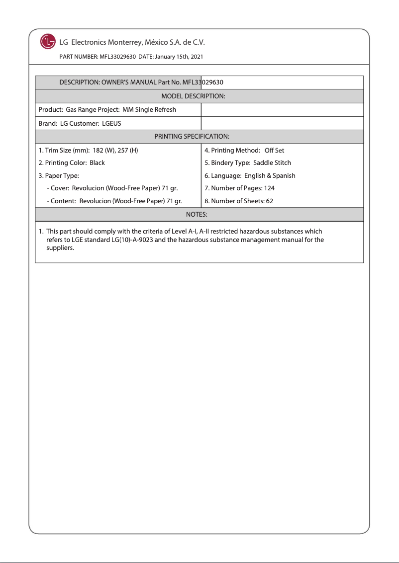 Page 1 de la notice Manuel utilisateur LG LRGL5823D