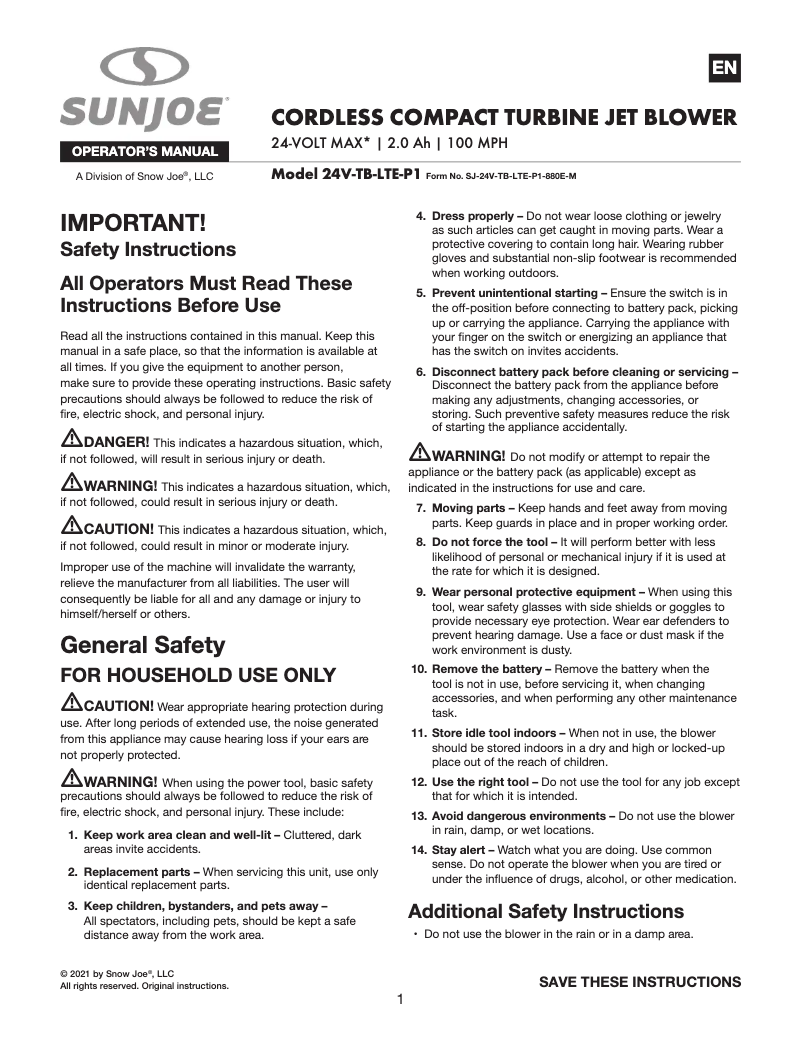 Page 1 de la notice Manuel utilisateur Sun Joe 24V-TB-LTE-P1