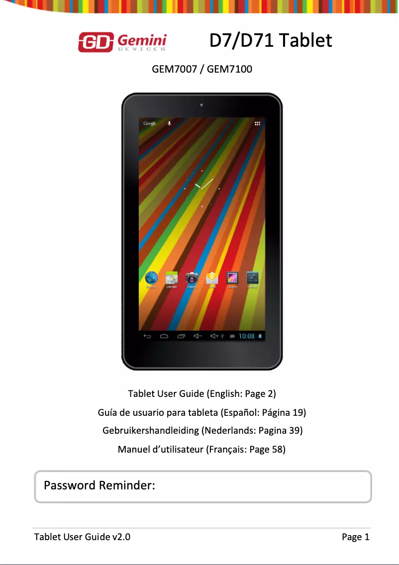 Page 1 de la notice Manuel utilisateur Gemini D7 Tablet GEM7007