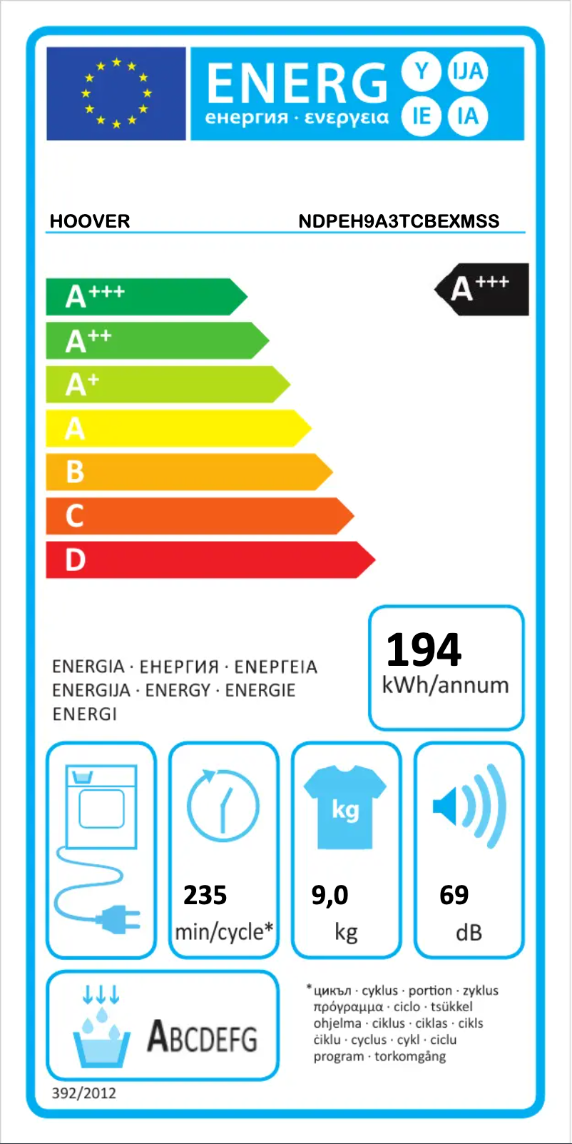 Page 1 of the manual Energy Label Hoover NDPEH9A3TCBEXMSS