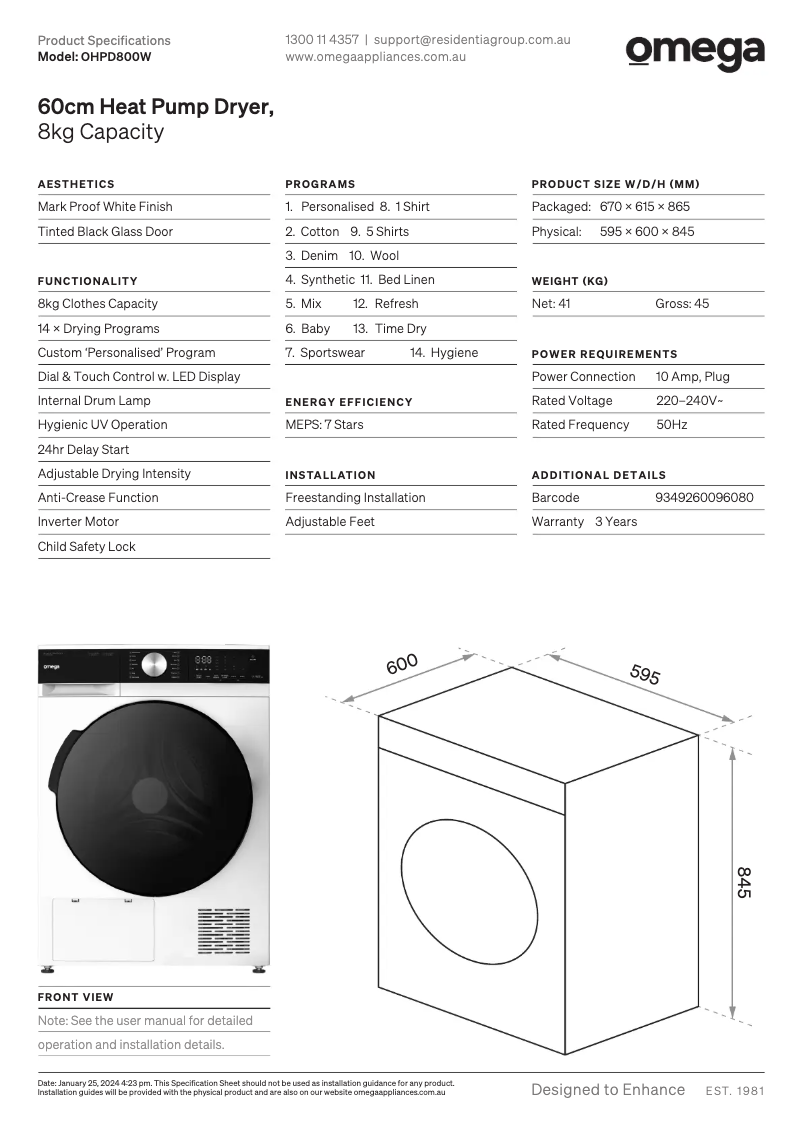 Page n°1 - Fiche technique Omega OHPD800W