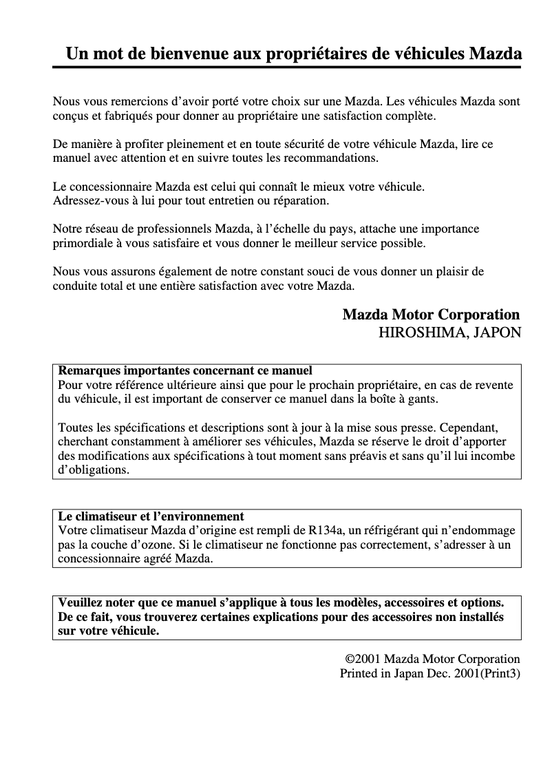 Page 1 de la notice Manuel utilisateur Mazda Protegé (2002)