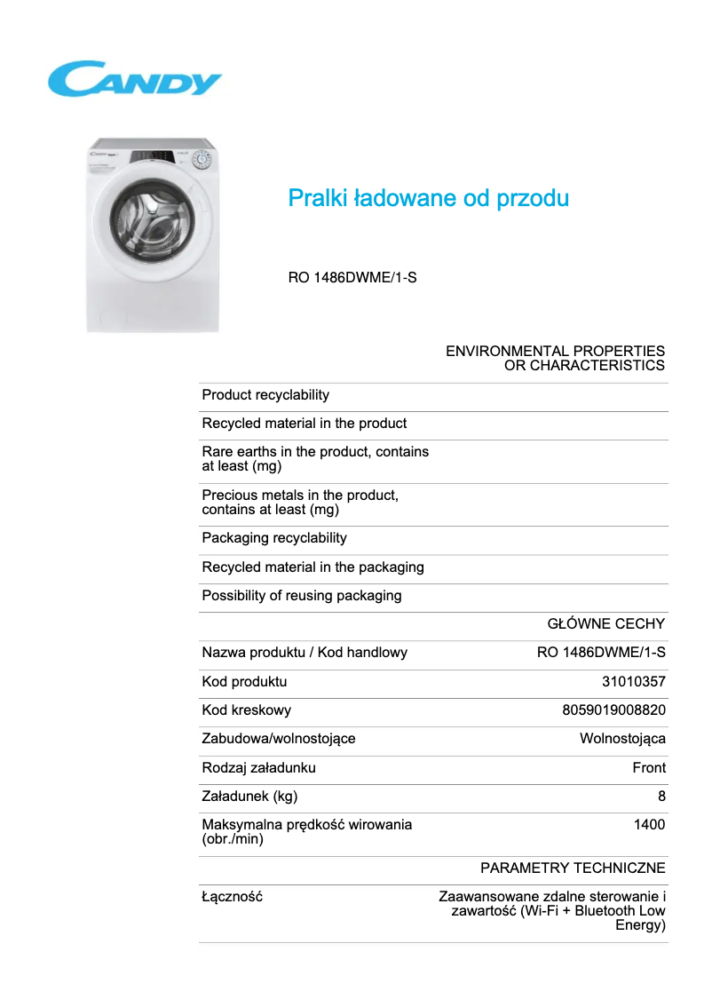 Page 1 de la notice Fiche technique Candy RO 1486DWME/1-S